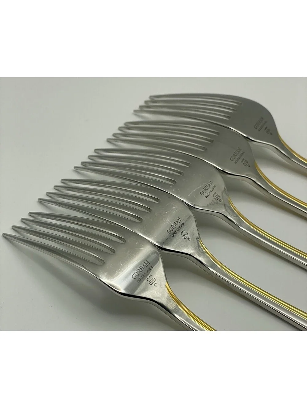 (5) Gorham GOLDEN SWIRL 18/8 Stainless Japan Dinner Fork Lot ~ 7 7/8”